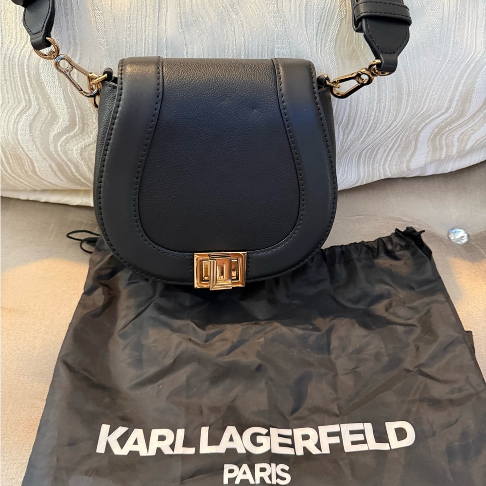 Karl Lagerfeld Black Leather Saddle Crossbody with Gold Hardware